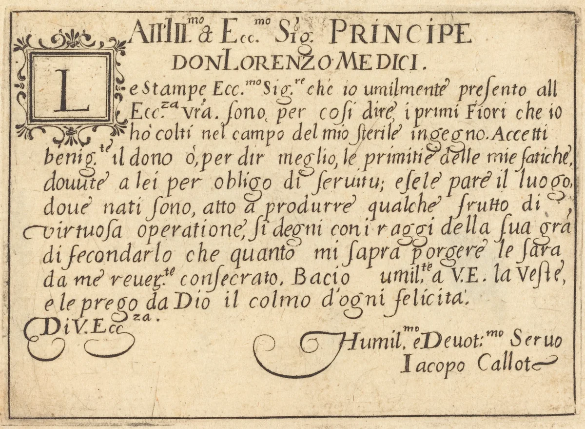 Dedication to Don Lorenzo de' Medici by Jacques Callot, print, 1617