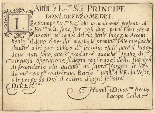 Dedication to Don Lorenzo de' Medici by Jacques Callot, print, 1617