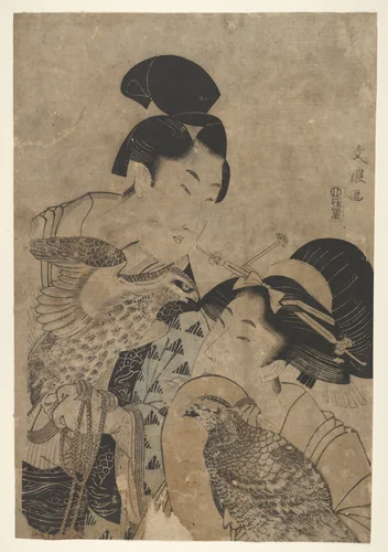 Two women with falcons by Unidentified, print, 1800-1899
