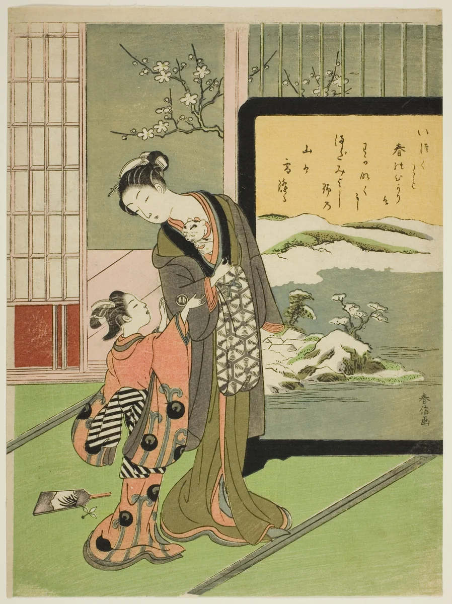 Courtesan and Her Child Attendant Playing with a Cat by Suzuki Harunobu (鈴木春信), print, 1763-1770