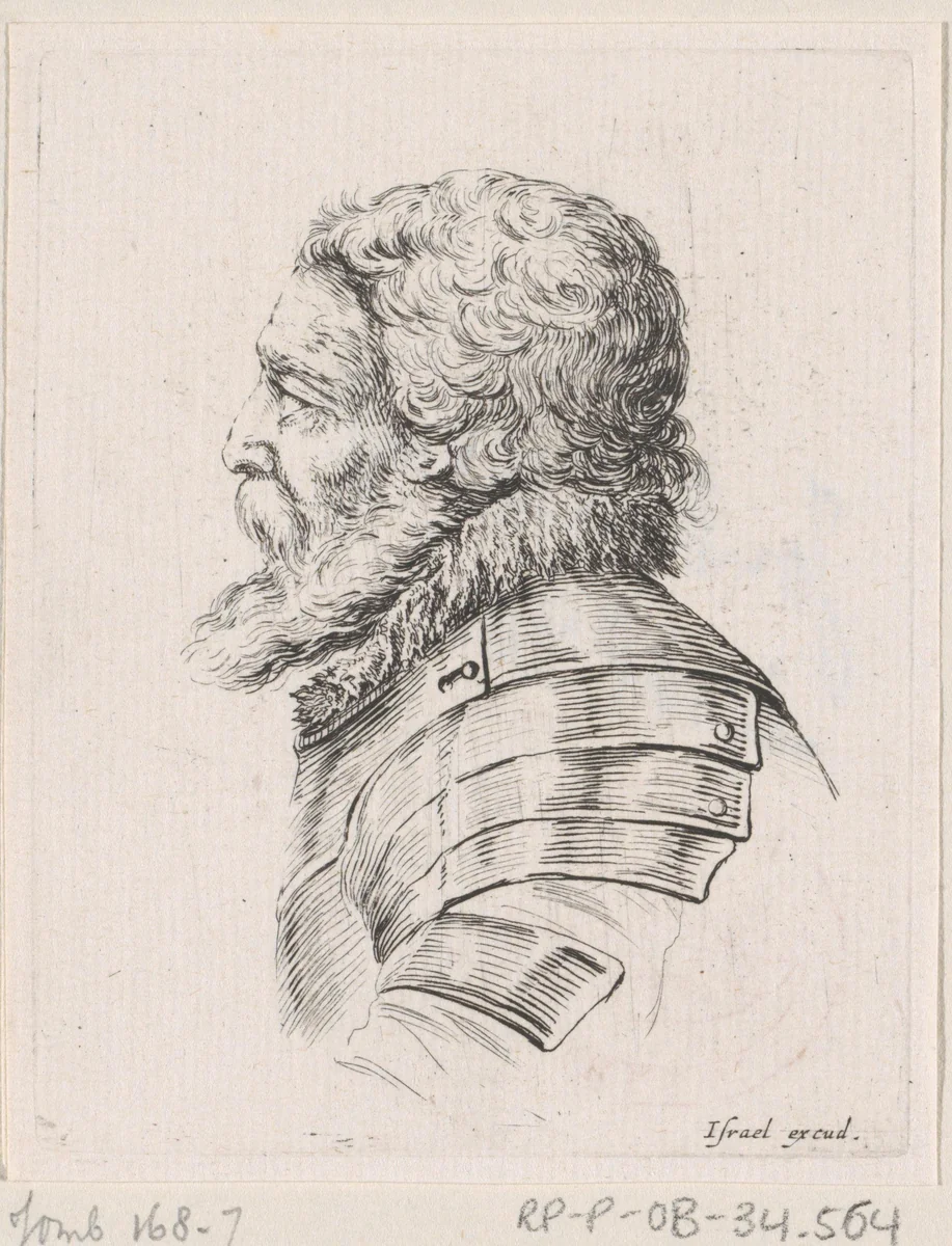 Buste van een oude soldaat met baard, in profiel naar links by Stefano della Bella, print, 1650