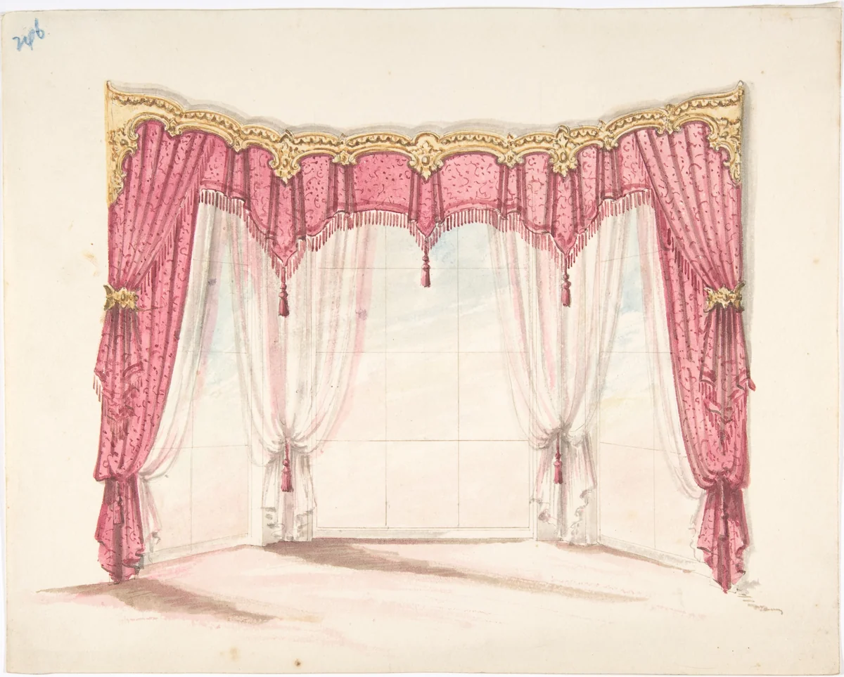 Design for Red Fringed and Tasseled Curtains with a Gold Pelmet by anonymous, drawing, 1800-1850