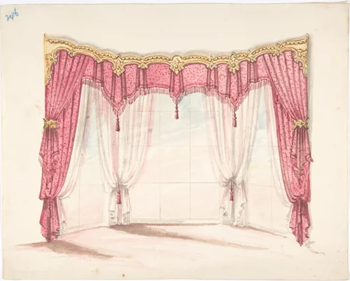 Design for Red Fringed and Tasseled Curtains with a Gold Pelmet by anonymous, drawing, 1800-1850