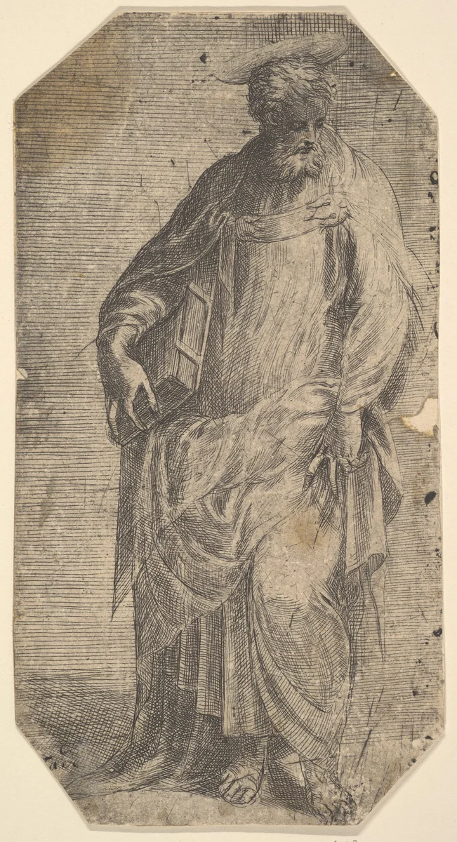 Saint Philip standing with a book under his right arm, from "Christ and the Apostles" by Andrea Schiavone, print, 1543-1553