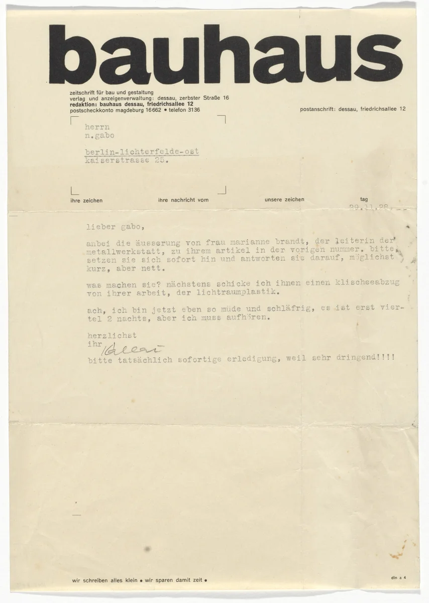 Bauhaus Letterhead (Letter to Naum Gabo) by Herbert Bayer, design, 1928
