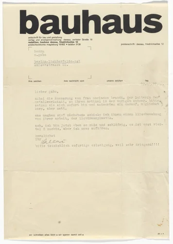 Bauhaus Letterhead (Letter to Naum Gabo) by Herbert Bayer, design, 1928