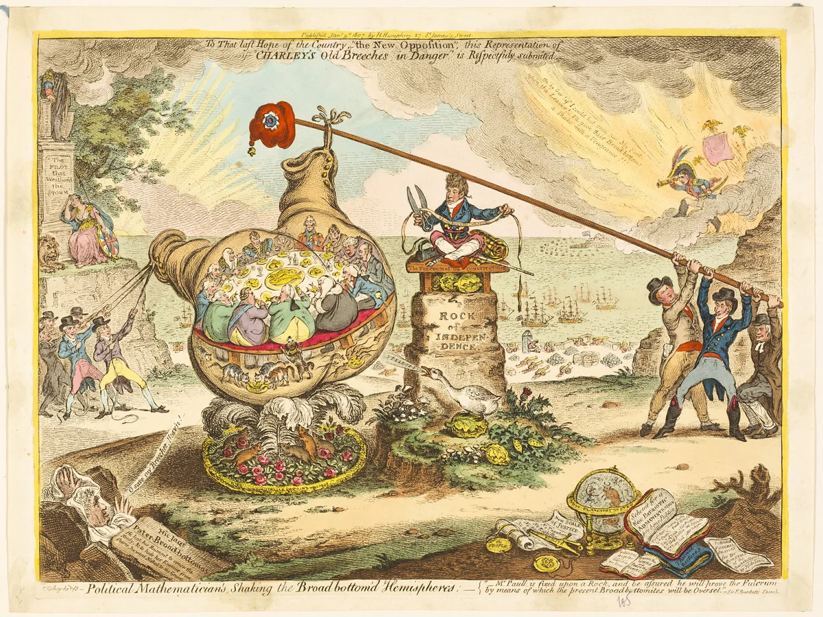 Political Mathematician's, Shaking the Broad Bottom'd Hemispheres by James Gillray, print, 1807