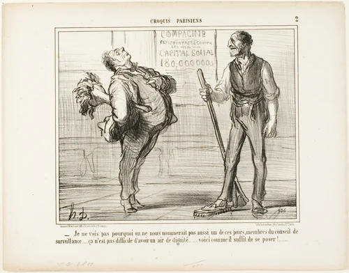 “- I really don't see why we shouldn't be nominated members of the surveillance council one of these days..... after all it isn't that difficult to look dignified... how about a pose like this?,” plate 2 from Croquis Parisiens by Honoré-Victorin Daumier, print, 1856