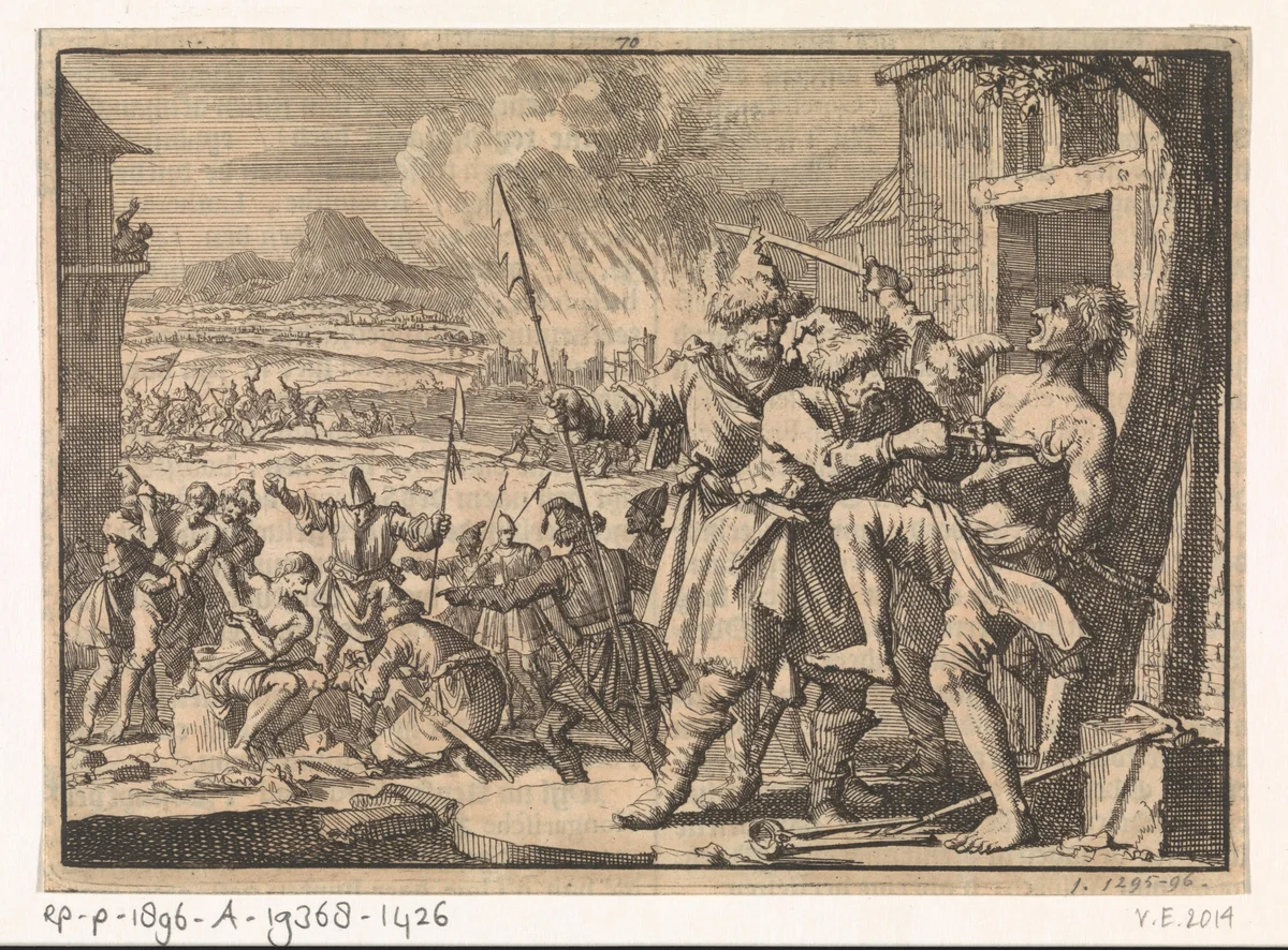 Wreedheden tegen de bevolking in Neder-Oostenrijk begaan door Poolse kozakken in dienst van de keizer, 1620 by Jan Luyken, print, 1698