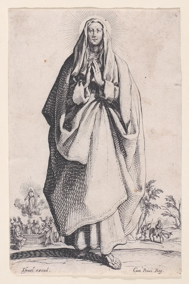 The Virgin Mary, from "Les Grands Apôtres Debout, Représentant Le Sauveur, La Bienheureuse Marie et Les Saints Apôtres" (The Large Standing Apostles, Representing The Savior, The Blessed Mary and The Apostles) by Jacques Callot, print, 1631