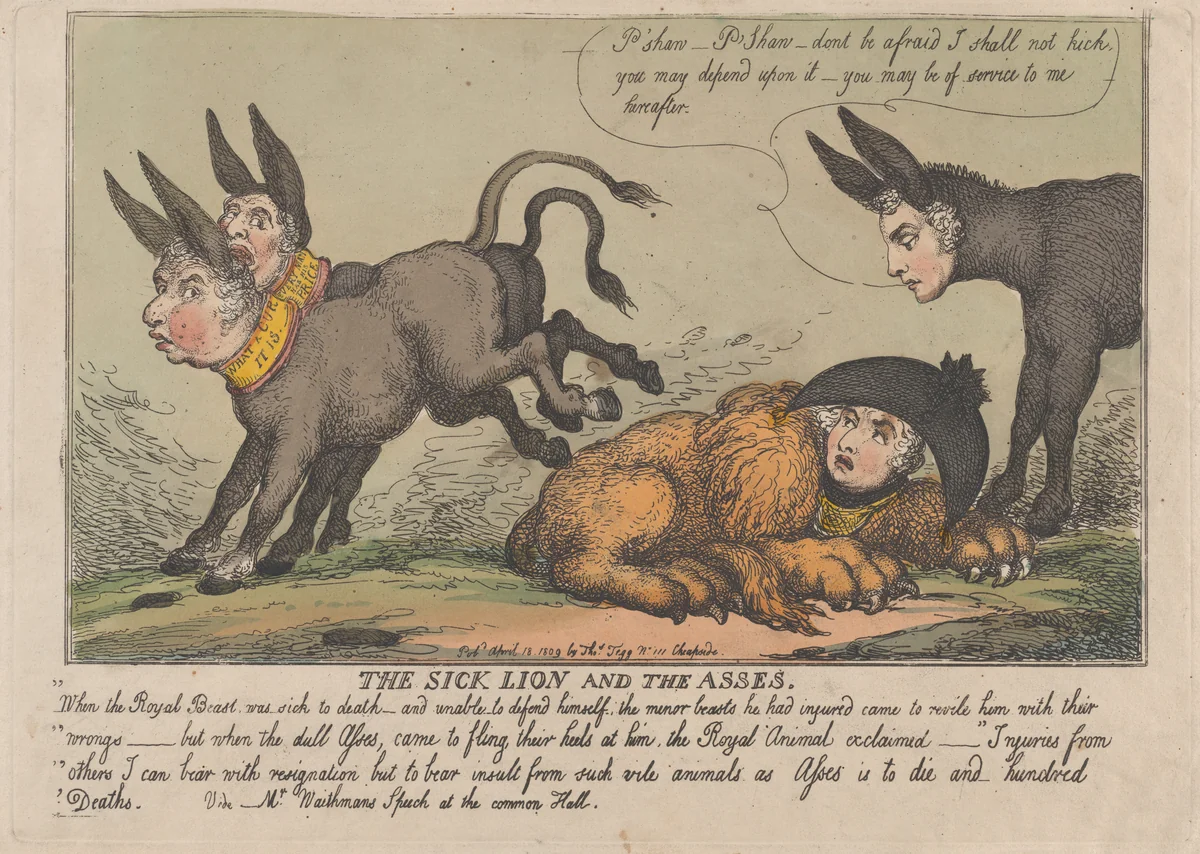 The Sick Lion and The Asses by Thomas Rowlandson, print, 1809