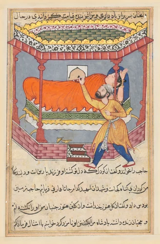 The king places the talisman on his sleeping wife, from a Tuti-nama (Tales of a Parrot): Fiftieth Night by Unknown, painting, 1555-1565