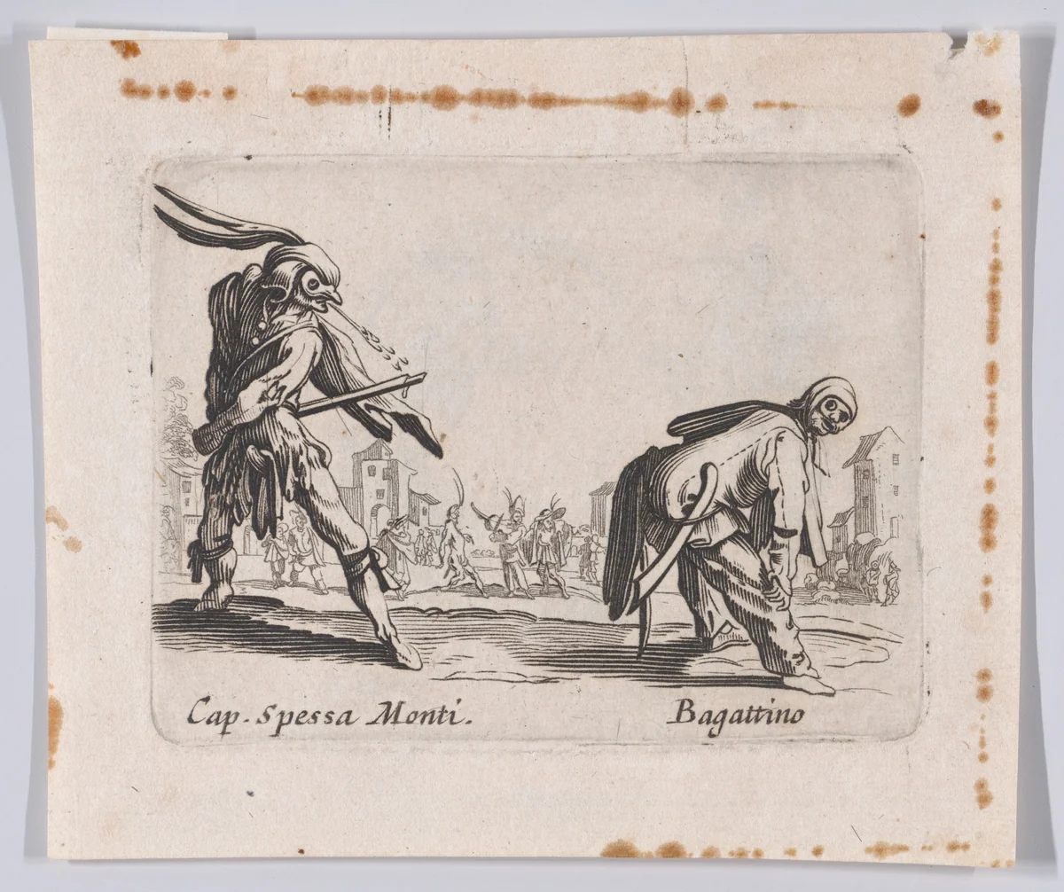 Copy of Capitano Spessa Monti and Bagattino, from "Balli di Sfessania" (Dance of Sfessania) by Jacques Callot, print, 1622-1700