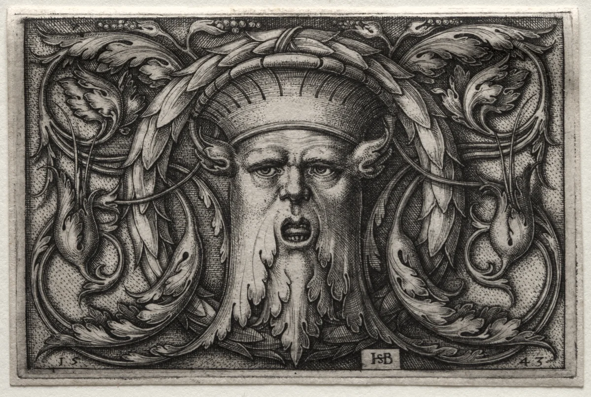 Ornament of Satyr's Head and Wreath by Hans Sebald Beham, print, 1543
