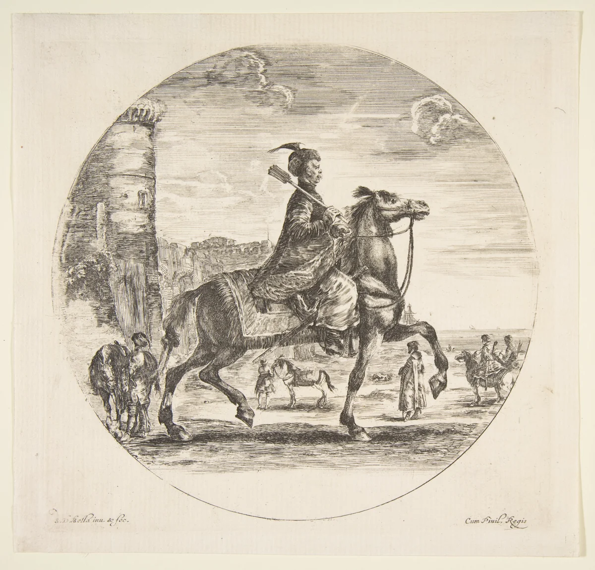 Polish horseman in profile facing right, a tower and other figures on horses in background, a circular composition, from 'Figures on Horseback' (Cavaliers nègres, polonais et hongrois) by Stefano della Bella, print, 1646-1656