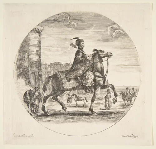Polish horseman in profile facing right, a tower and other figures on horses in background, a circular composition, from 'Figures on Horseback' (Cavaliers nègres, polonais et hongrois) by Stefano della Bella, print, 1646-1656