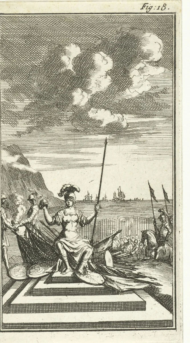 Amazone te midden van wapens by Jan Luyken, print, 1691