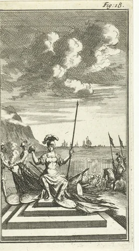 Amazone te midden van wapens by Jan Luyken, print, 1691
