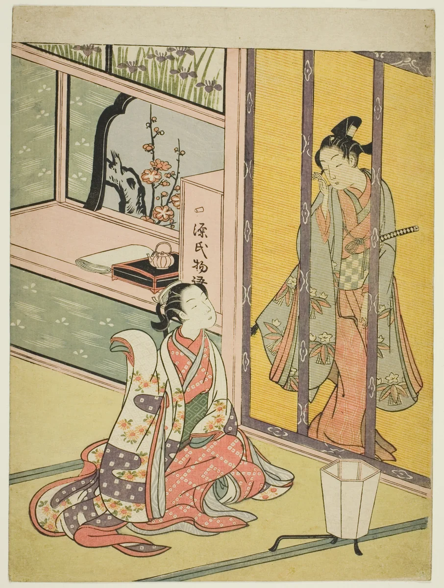 Young Man and Woman Talking through a Bamboo Blind by Suzuki Harunobu (鈴木春信), print, 1763-1770