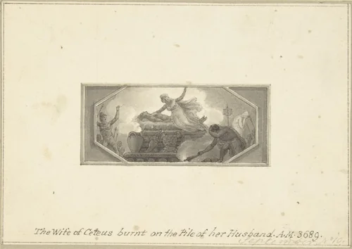 The Wife of Ceteus burnt on the Pile of her Husband by Edward Francis Burney, drawing, 1790-1800