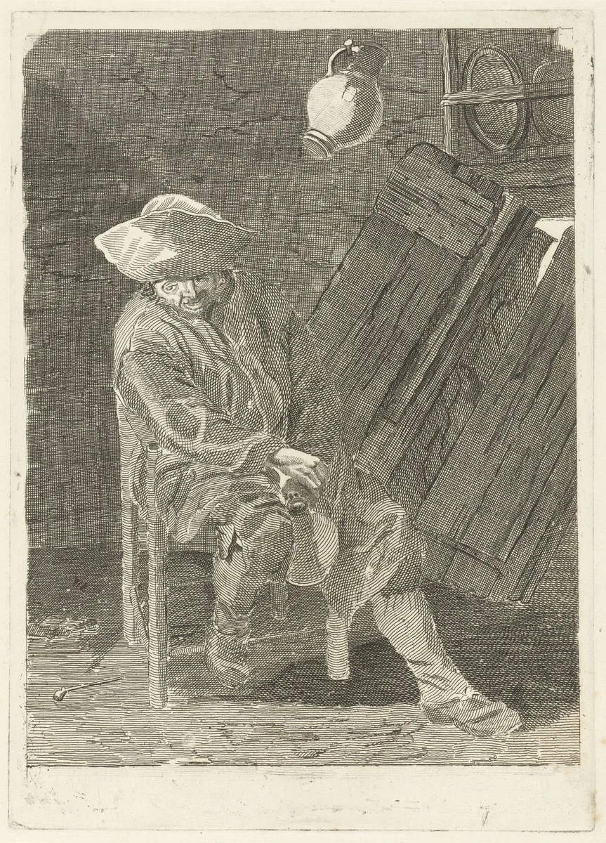 Zittende boer met kruik by Pieter de Mare, print, 1768-1796