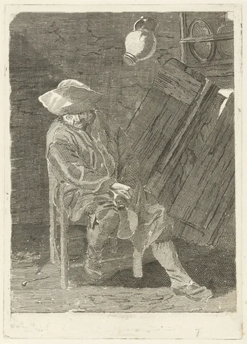 Zittende boer met kruik by Pieter de Mare, print, 1768-1796