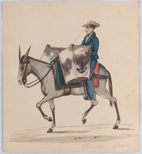 A baker on horseback, from a group of drawings depicting Peruvian dress by Francisco Fierro, drawing, 1843-1853