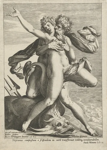 Caenis omhelsd door Neptunus by Unknown, print, 1580