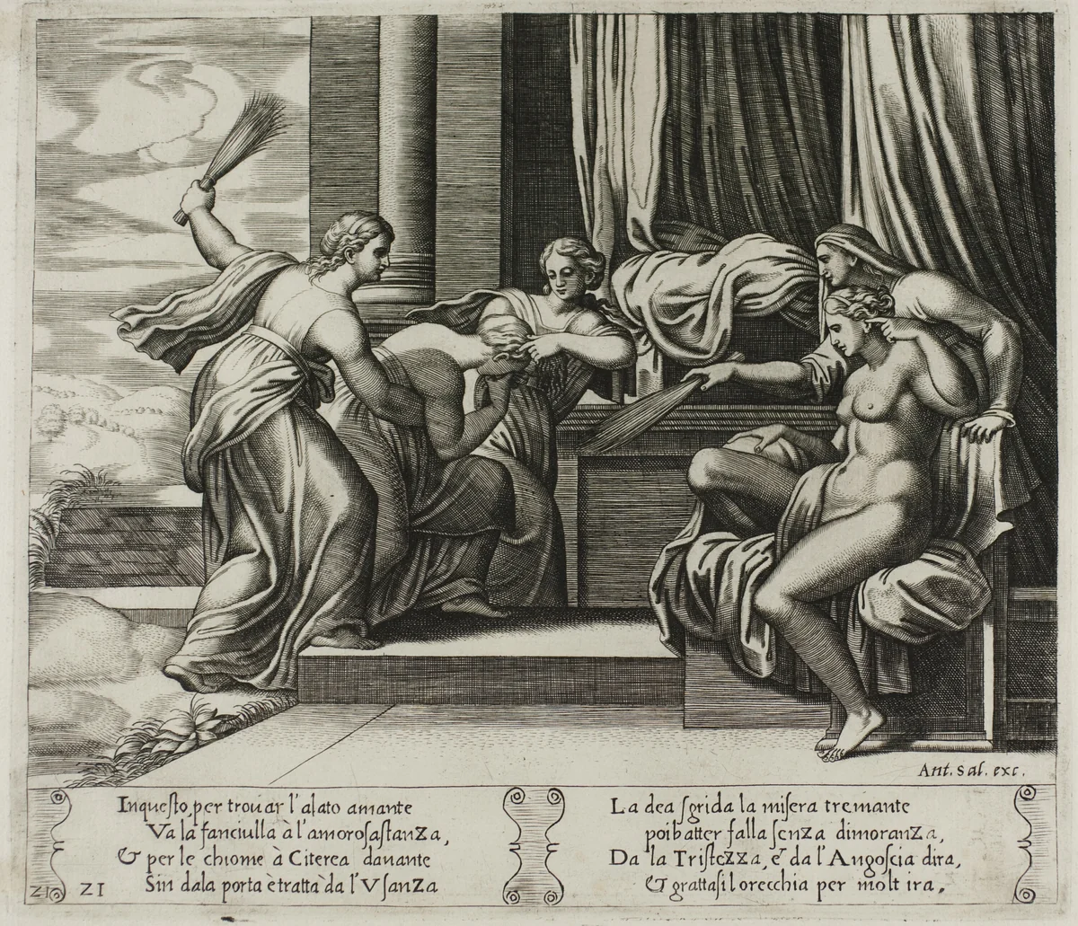 Sorrow and Pain Punishing Psyche by Raffaello Sanzio, print, 1530-1540