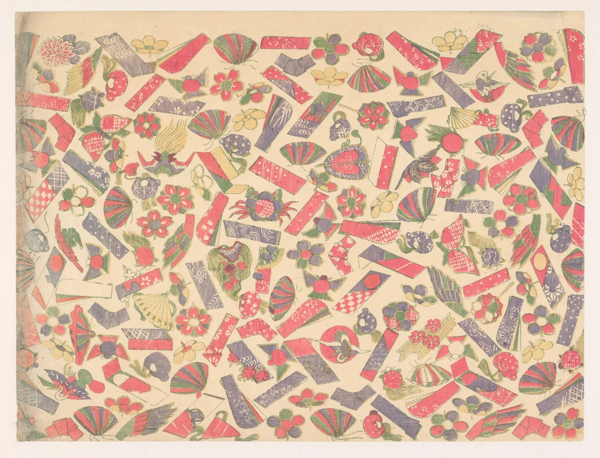 Patroon van geluksvoorwerpen (speelgoed, waaiers en vliegers) by anonymous, other, 1860-1930