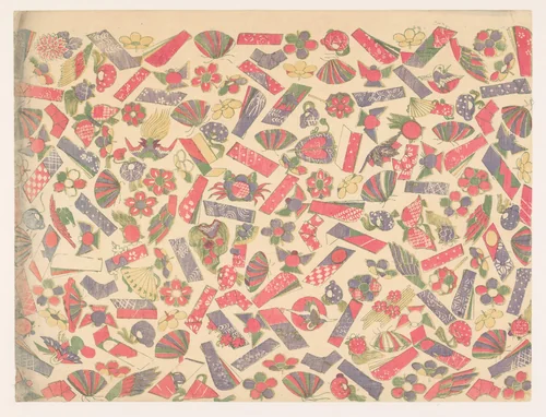 Patroon van geluksvoorwerpen (speelgoed, waaiers en vliegers) by anonymous, other, 1860-1930