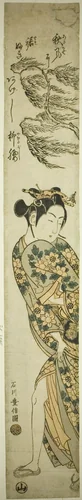 Young Woman Walking on a Windy Day by Ishikawa Toyonobu, print, 1753-1763