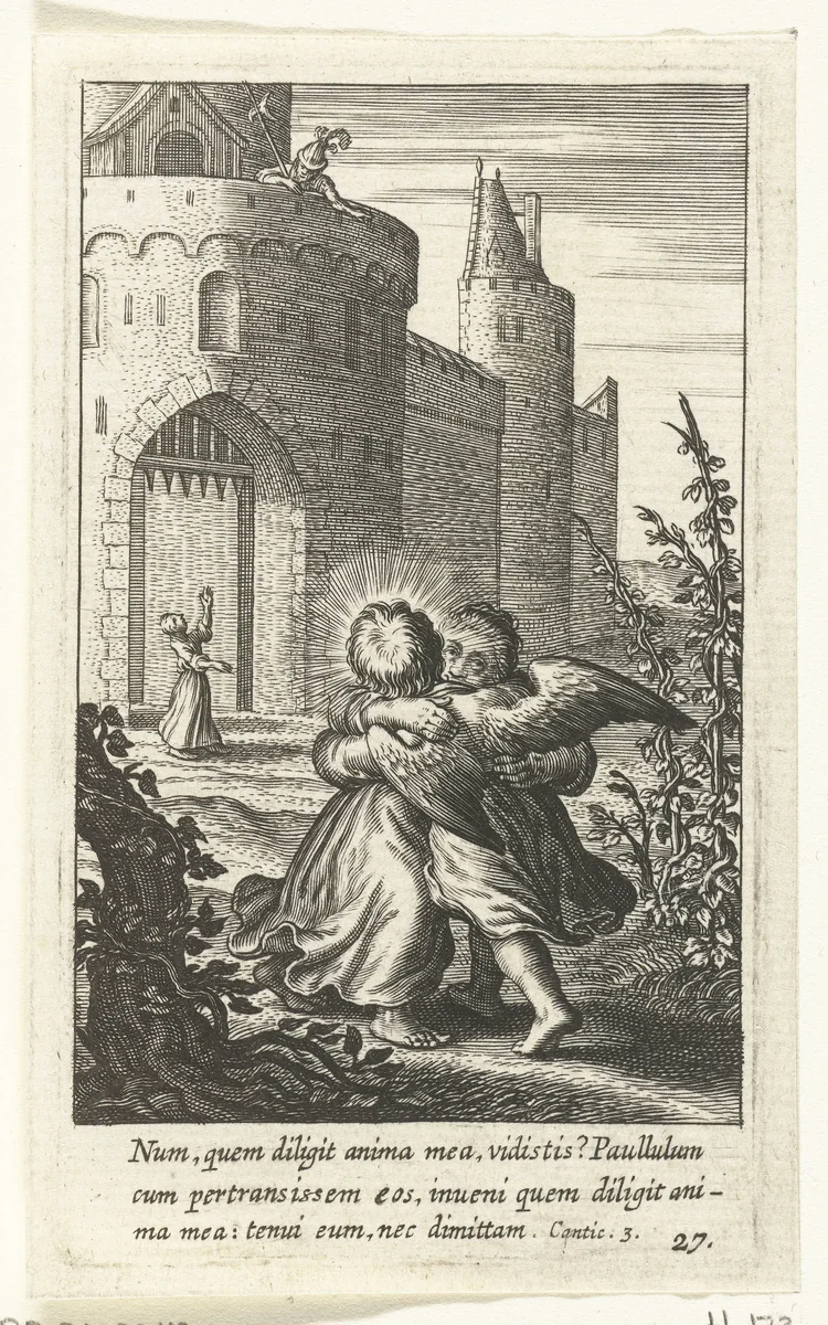Kind en engel omhelzen elkaar by Boëtius Adamsz. Bolswert, print, 1590-1624