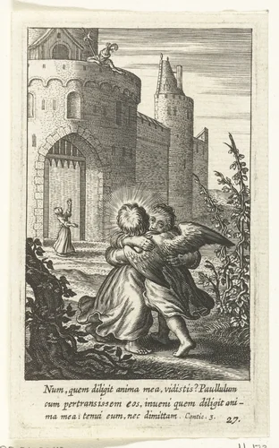 Kind en engel omhelzen elkaar by Boëtius Adamsz. Bolswert, print, 1590-1624