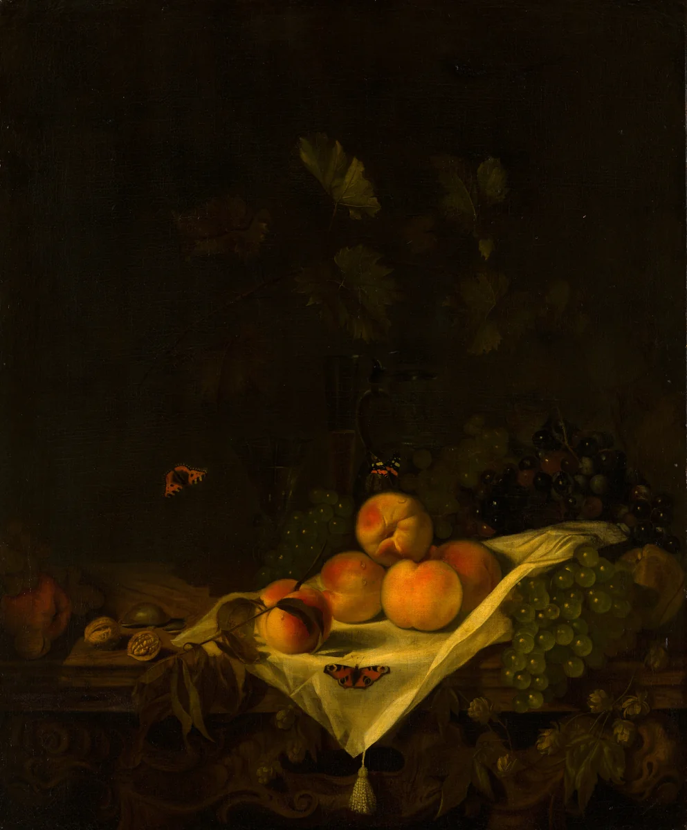 Still Life with Peaches and Grapes by Abraham van Calraet, painting, 1680