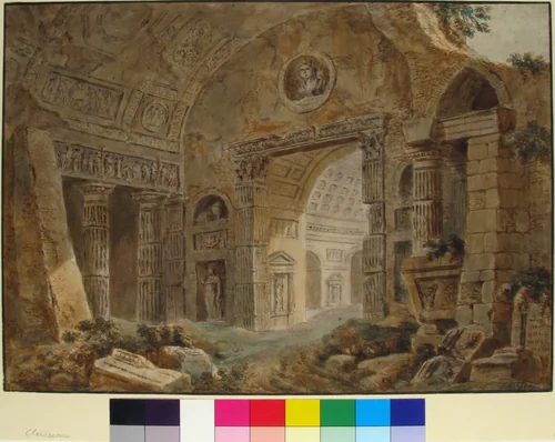 Architectural Fantasy with Roman Ruins by Charles Louis Clérisseau, drawing, 1730-1820