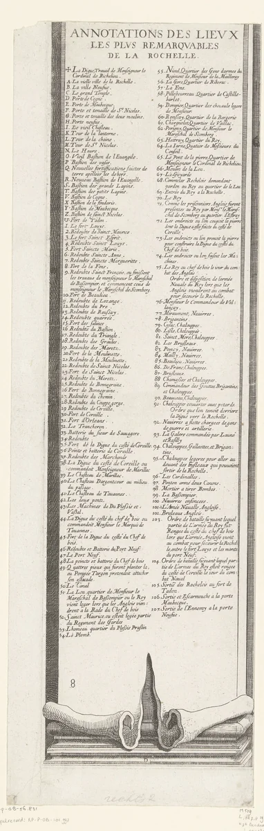 Beleg van La Rochelle, september 1627-oktober 1628 (tekst, deel linksonder) by anonymous, print, 1628-1631