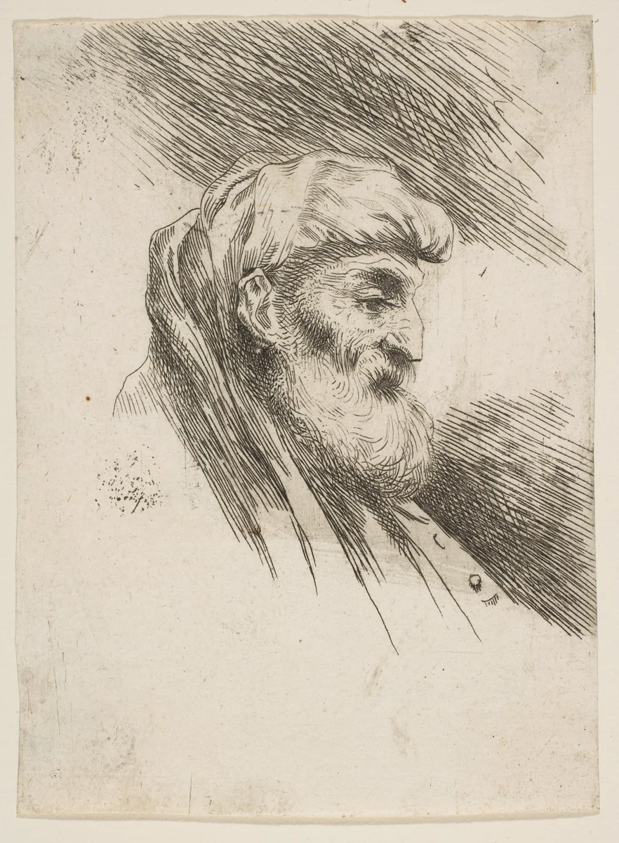 Head of an old bearded man facing right, from "Small Heads in Oriental Headdress" by Giovanni Benedetto Castiglione, print, 1640-1650