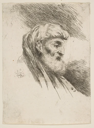 Head of an old bearded man facing right, from "Small Heads in Oriental Headdress" by Giovanni Benedetto Castiglione, print, 1640-1650