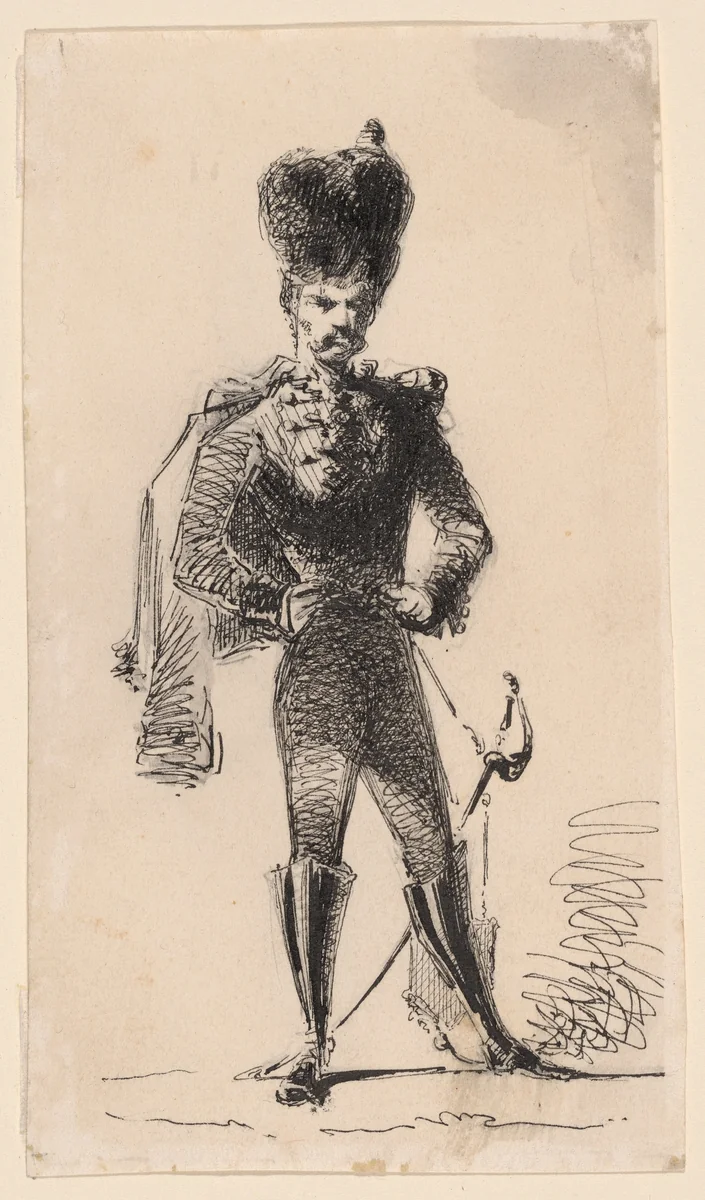 Hussar (recto) Man with a Top Hat and Bandaged Head (verso) by James McNeill Whistler, drawing, 1854-1855