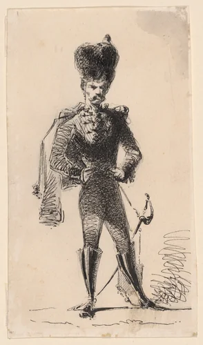 Hussar (recto) Man with a Top Hat and Bandaged Head (verso) by James McNeill Whistler, drawing, 1854-1855