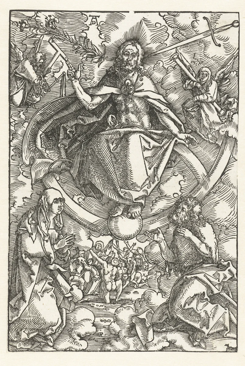 Laatste Oordeel met Christus als rechter op regenboog by Hans Baldung Grien, print, 1505-1507