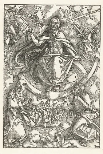 Laatste Oordeel met Christus als rechter op regenboog by Hans Baldung Grien, print, 1505-1507