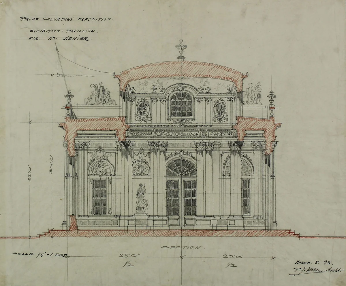 Chocolate-Menier Pavilion, World's Colombian Exposition, Chicago, Illinois, Section Sketch by Peter Joseph Weber, drawing, 1893