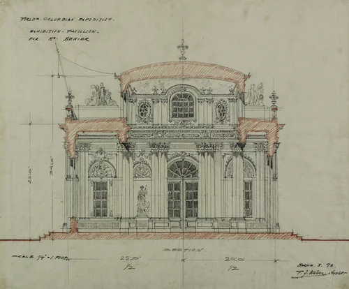 Chocolate-Menier Pavilion, World's Colombian Exposition, Chicago, Illinois, Section Sketch by Peter Joseph Weber, drawing, 1893