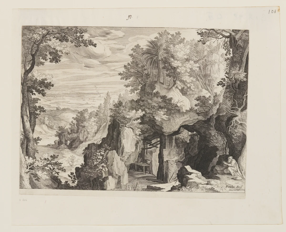 Mountainous Landscape with a Hermit by Aegidius Sadeler II, print, 1590-1620