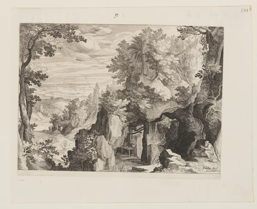 Mountainous Landscape with a Hermit by Aegidius Sadeler II, print, 1590-1620