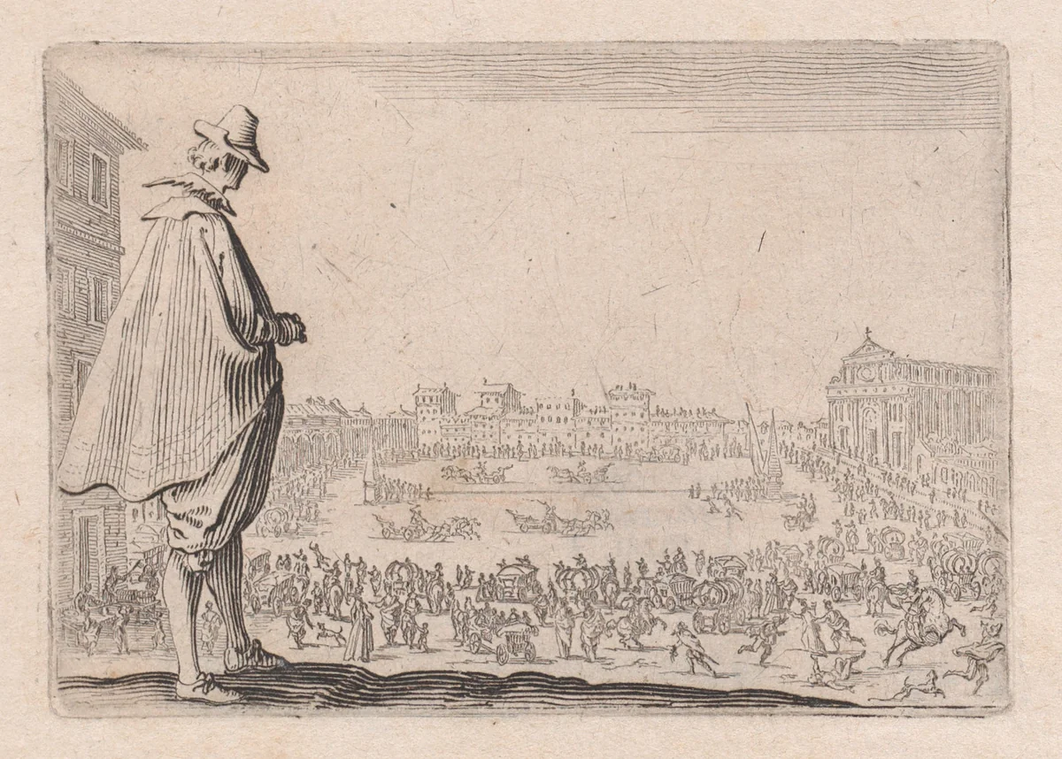 La Course de Chars sur la Place Santa Maria Novella a Florence (The Chariot Race on the Piazza Santa Maria Novella in Florence), from "Les Caprices" Series B, The Nancy Set by Jacques Callot, print, 1617-1620