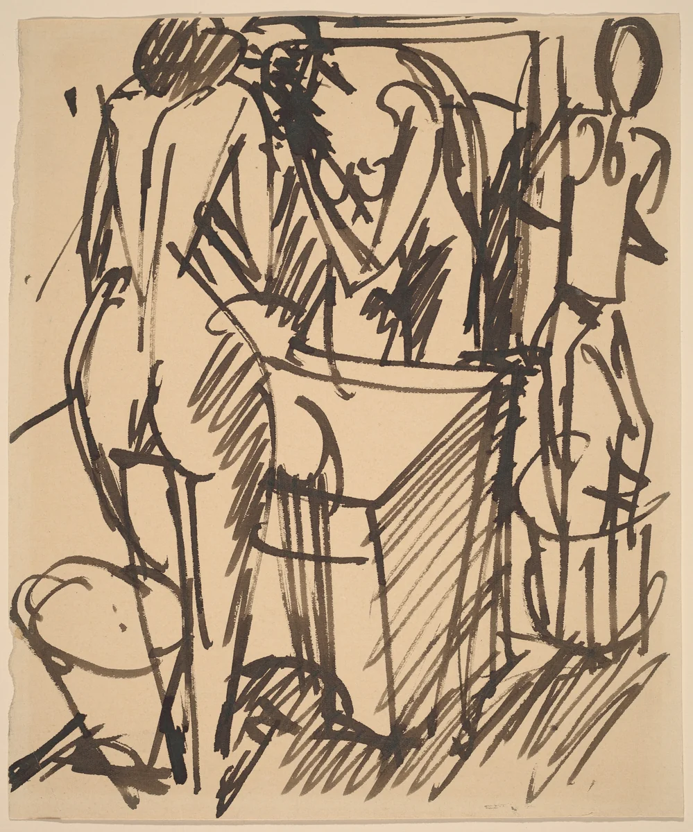 Nude with a Mirror, Standing Before a Washstand by Ernst Ludwig Kirchner, drawing, 1908-1910