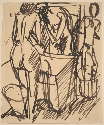 Nude with a Mirror, Standing Before a Washstand by Ernst Ludwig Kirchner, drawing, 1908-1910